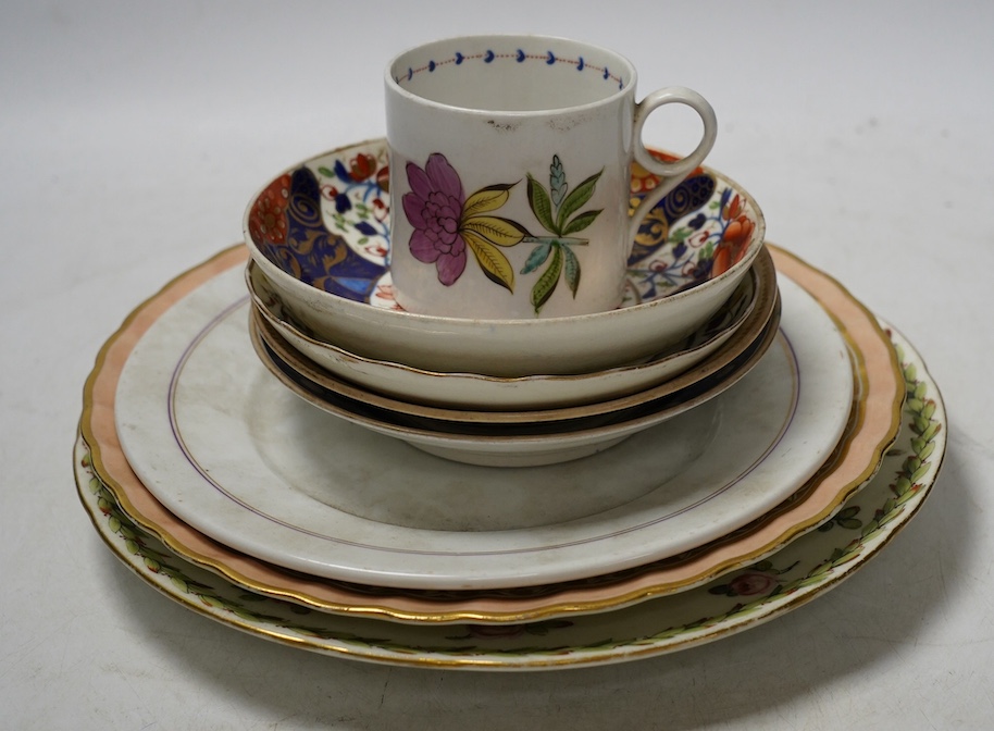 An 18th century teabowl and saucer painted with shipping, and other 18th century and later teaware. Condition - damage throughout